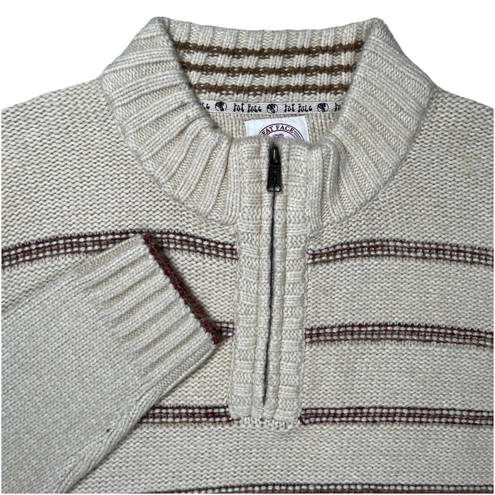 FatFace Men's Natural‎ Ecru Striped 1/4 Zip Sweater Sz 2XL Chunky Cozy Warm